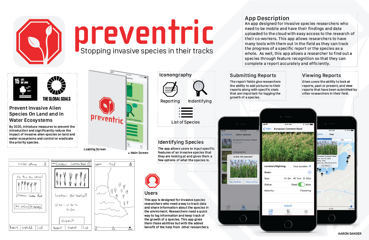 A poster marketing an app called preventric that helps track the growth of invasive species across Canada