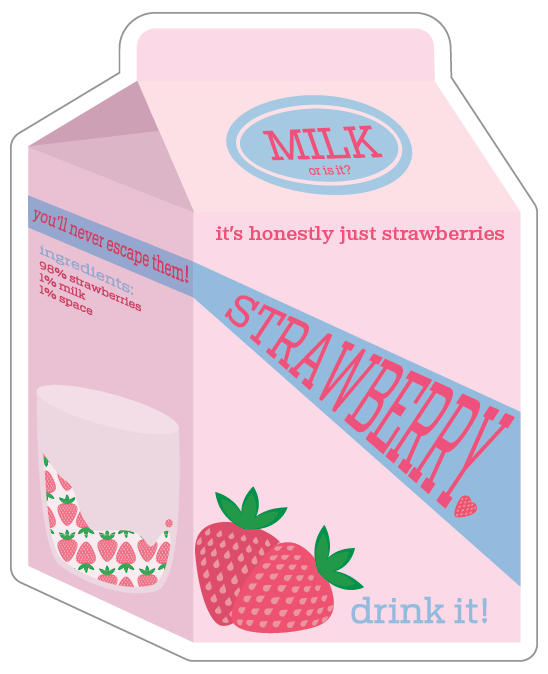 A sticker of a weird staryberry milk package