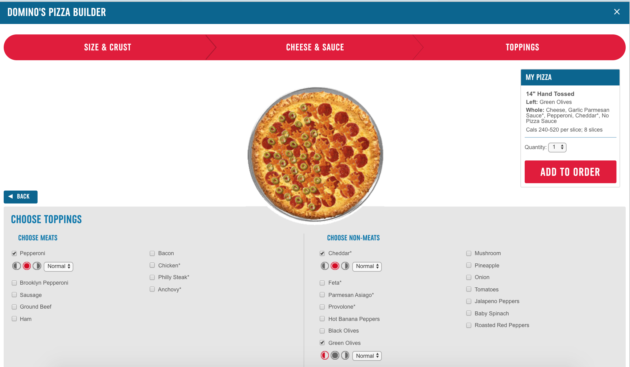 A screenshot of the dominos custom pizza builder